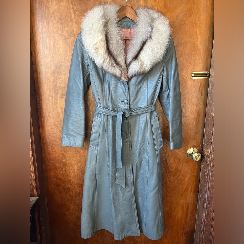 Grey Leather Trench Coat Fur Collar Vintagege Size 8